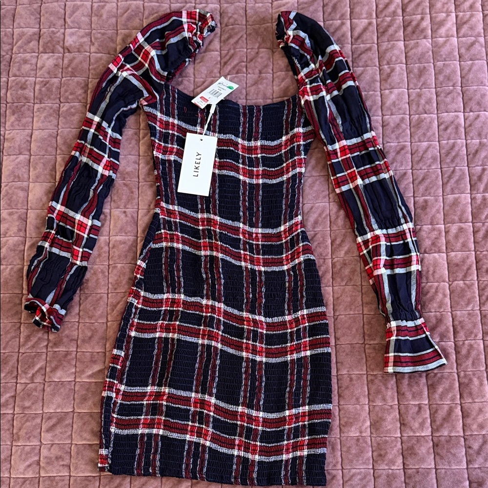 Likely Navy and Red Plaid Long-Sleeve Mini Dress Size 0